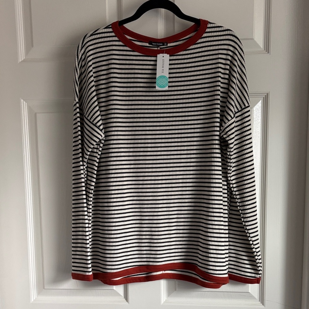 Pink Clover Striped Long Sleeve Top with Rust Trim